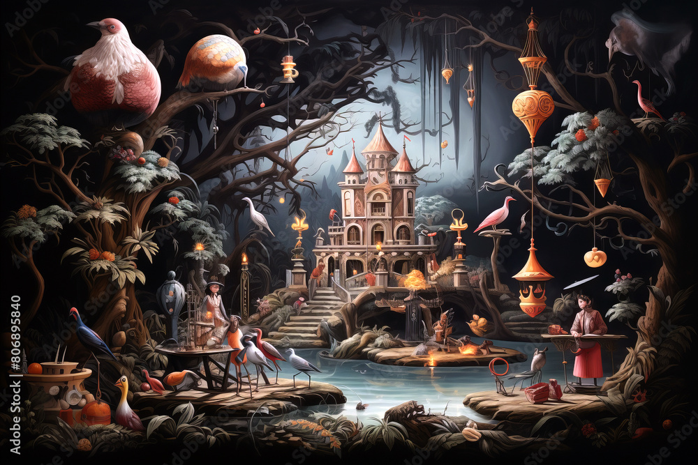 Fantasy world with surrealistic environment and castle surrounded with fairy-tail birds.