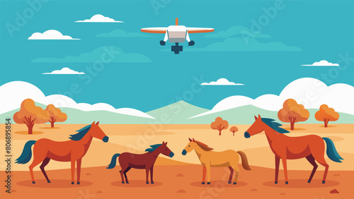 The open fields of a ranch were meticulously scanned by a pet finder drone searching for a stray horse that had wandered off with a group of wild. Vector illustration