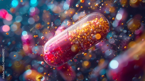 Produce a 3D rendered video sequence that follows a vitamin capsule from production to consumption, emphasizing the technology behind dietary supplements