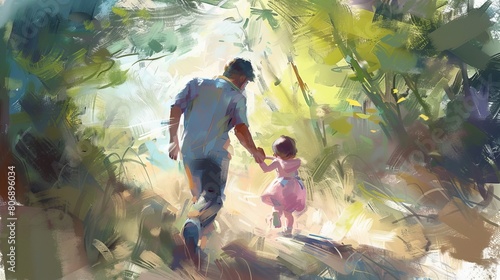 Father and Baby Daughter Playing Outside, Speed painting, Expressive Manga Style, Fathers Day photo