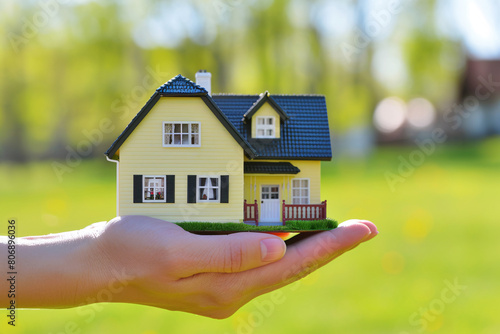 Hand holding a small yellow model house with a blue roof outdoors