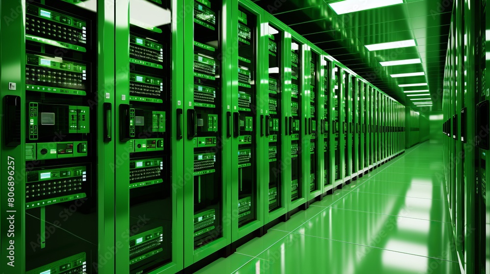 AI generated illustration of a long line of green servers in a server room