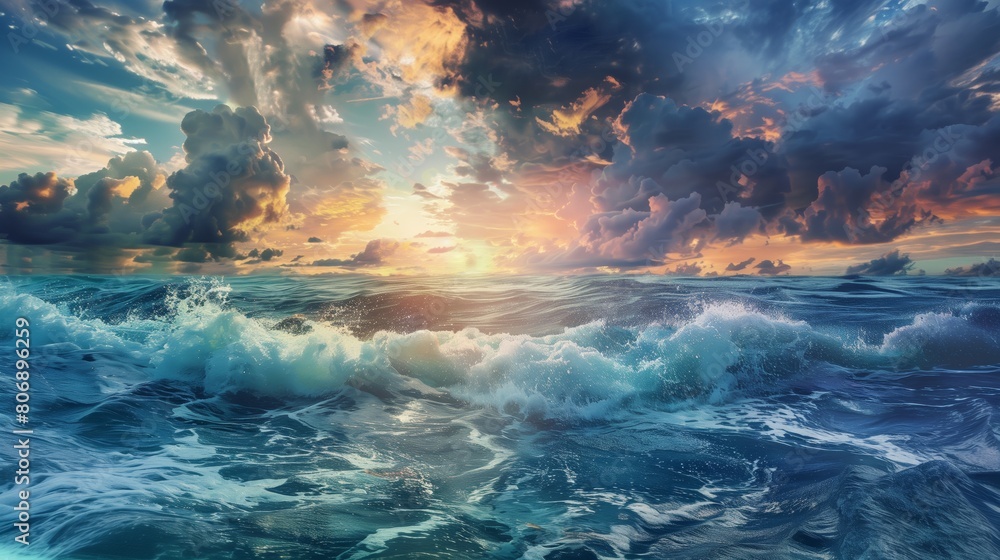 AI generated illustration of the sun shining through clouds over wavy ocean