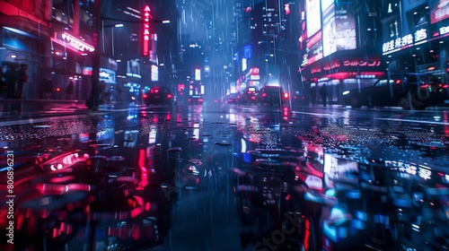 AI generated illustration of a city street gleaming under rainy night lights