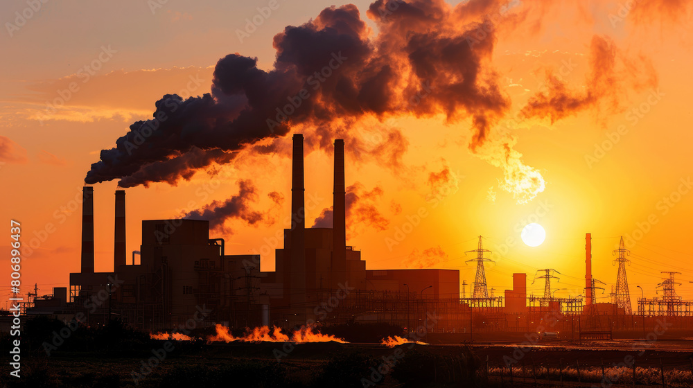 Silhouette of a power plant with smokestacks at sunset, with heat waves visible in the air Silhouette of a power plant with smokestacks at sunset, with heat waves visible in the air