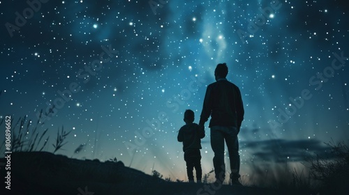 Father and Child Looking Up to Stars, Fathers Day © Flowstudio