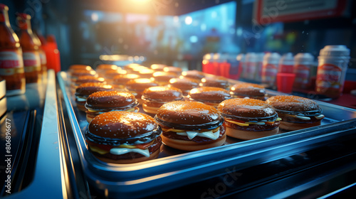 Assorted burgers on a conveyor belt in a fast food setting