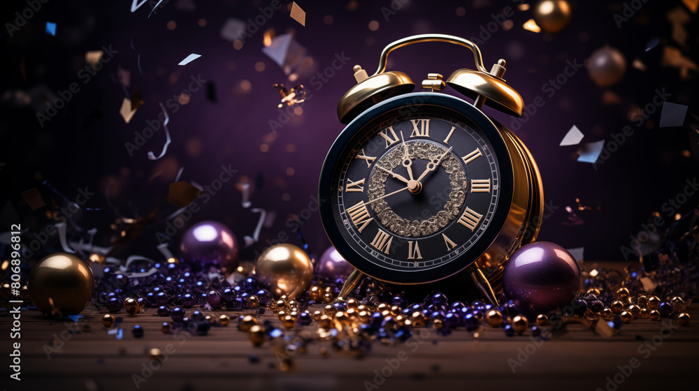 Elegant Golden Alarm Clock with Ornate Details and Party Confetti