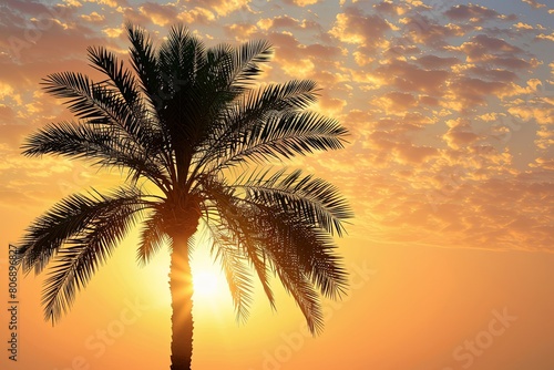 Majestic date palm creates tranquil silhouette against golden sunset sky