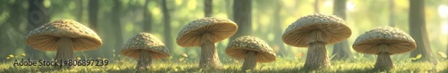 Funny mushrooms, in the woods, ultra wide size. Blurred forest background