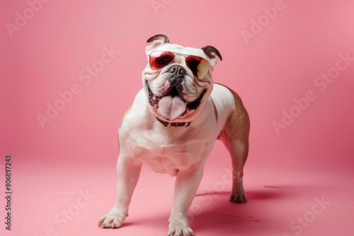 bulldog breed dog standing in sunglasses on pink background copy space left 