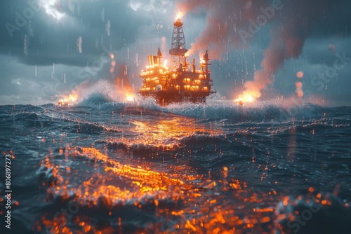 Oil rig battling stormy seas with dark clouds and crashing waves photo