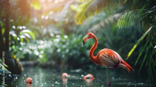 Flamingo Stand in The Water With Beautiful background Nature 4K Wallpaper. photo