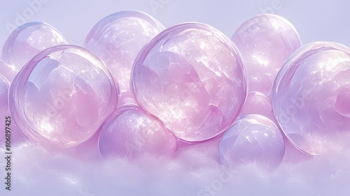 Various-sized translucent bubbles against a soft pink and blue background with light flares and bokeh effects. Children's products, celebrations, or as a gentle, calming visual element. Banners