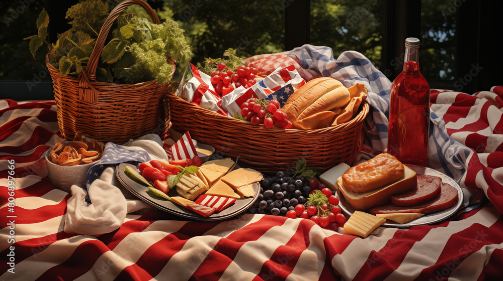 Fototapeta premium Patriotic Picnic Setup with Red Wine and Cheese