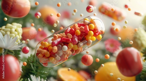Produce a series of 3D rendered images showcasing a range of specialty vitamin capsules for various health needs, displayed in an artistic layout