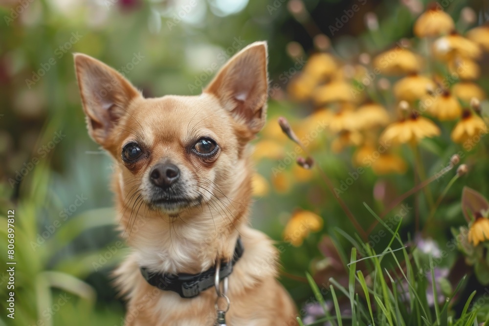 long haired brown chihuahua dog purebred outside in green park or garden