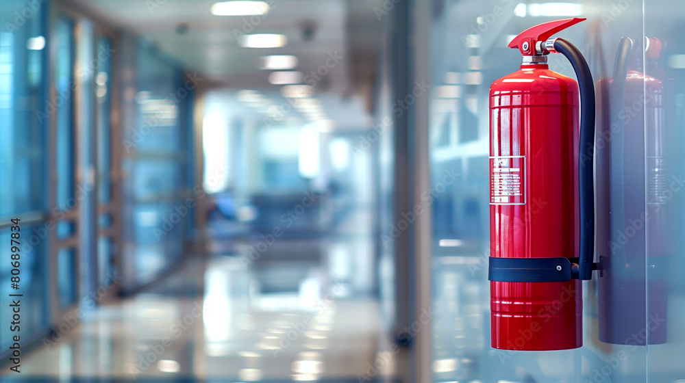A bright red fire extinguisher mounted on a wall in a modern office corridor with blurred background. A bright red fire extinguisher mounted on a wall in a modern office corridor with blurred background.
