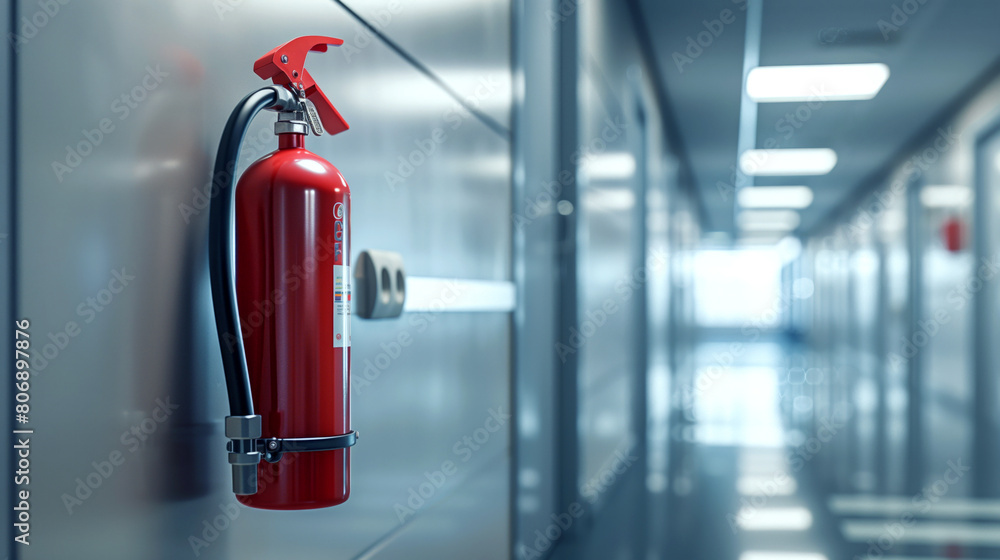 A red fire extinguisher mounted on the wall in a modern office corridor with blurry background. A red fire extinguisher mounted on the wall in a modern office corridor with blurry background.