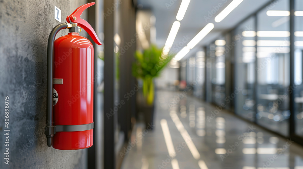 A red fire extinguisher mounted on a concrete wall in a modern office corridor with blurred background. A red fire extinguisher mounted on a concrete wall in a modern office corridor with blurred background.