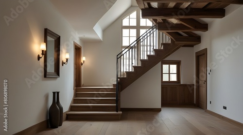 White plaster staircase and timber beams ceiling in farmhouse hallway.generative.ai