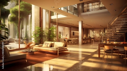 Luxury lounge interior. Panoramic view of modern hotel lobby