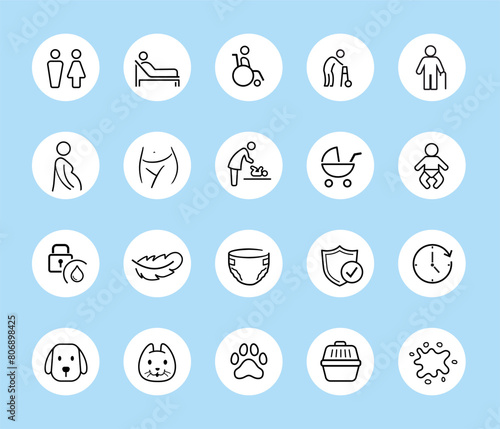 Set icons for disposable changing mat and sanitary products. The outline icons are well scalable and editable. Contrasting vector elements are good for different backgrounds. EPS10.