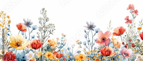 Produce a watercolor illustration of an intricate floral border frame  showcasing a variety of seasonal flowers isolated on a white background