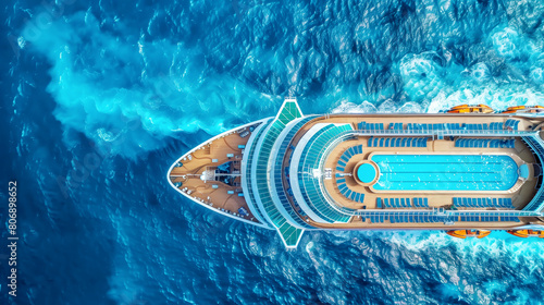 Aerial view of a large cruise ship with a pool on the deck sailing through teal ocean waters. © Natalia