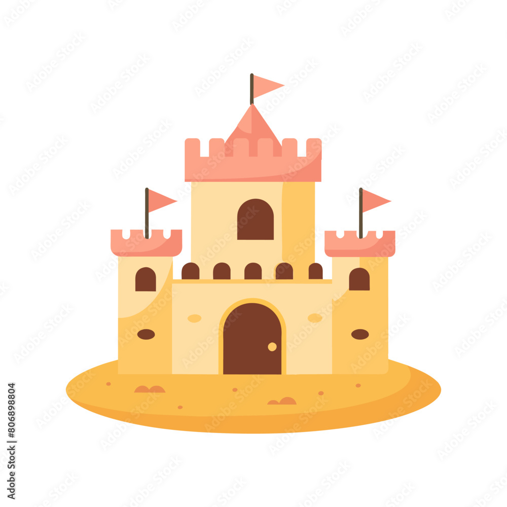 Sand castle with towers and fortress wall in flat style on a white background. Fairytale castle icon. Illustration of building construction on sand. Vector Sand castle with towers and fortress wall in flat style on a white background. Fairytale castle icon. Illustration of building construction on sand. Vector