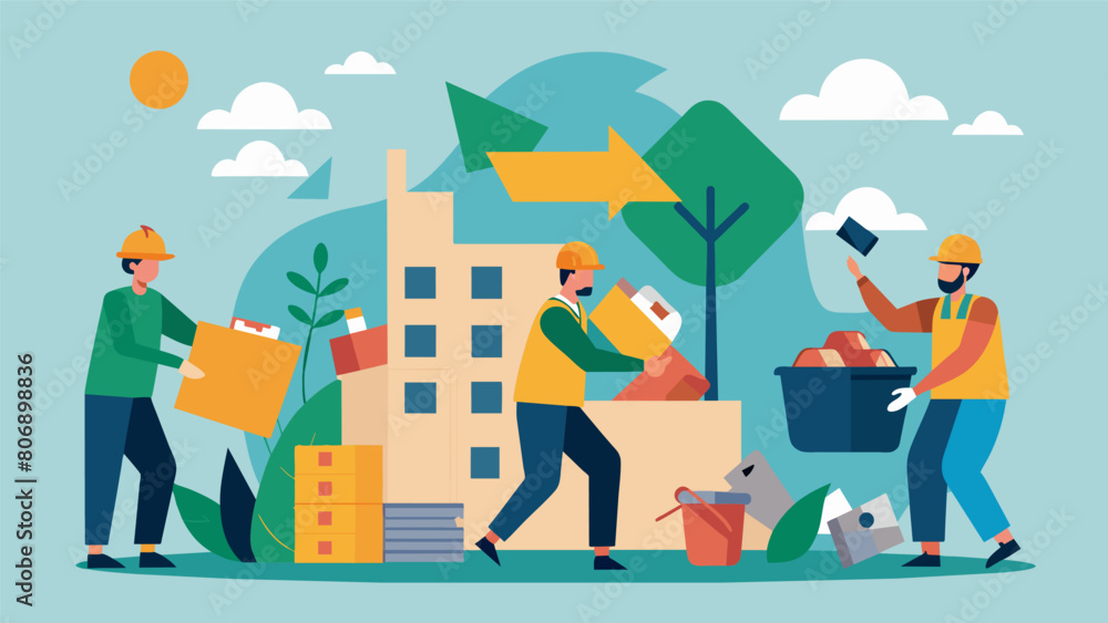 Builders carefully salvaging and repurposing materials from a demolished building minimizing waste and promoting a circular economy.. Vector illustration Builders carefully salvaging and repurposing materials from a demolished building minimizing waste and promoting a circular economy.. Vector illustration
