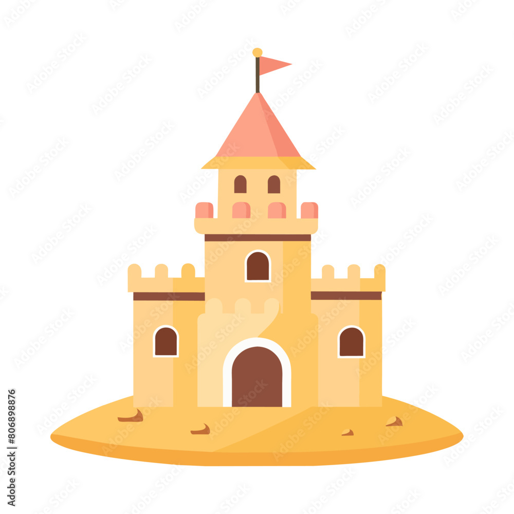 Sand castle with towers and fortress wall in flat style on a white background. Fairytale castle icon. Illustration of building construction on sand. Vector
