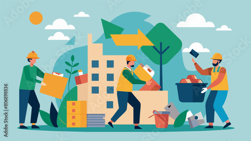 Builders carefully salvaging and repurposing materials from a demolished building minimizing waste and promoting a circular economy.. Vector illustration