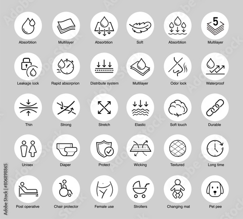 Set icons for sanitary products. The outline icons are well scalable and editable. Contrasting vector elements are good for different backgrounds. EPS10.