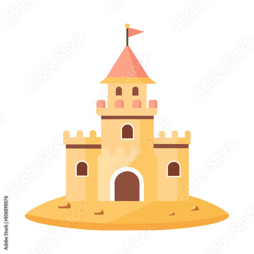 Sand castle with towers and fortress wall in flat style on a white background. Fairytale castle icon. Illustration of building construction on sand. Vector