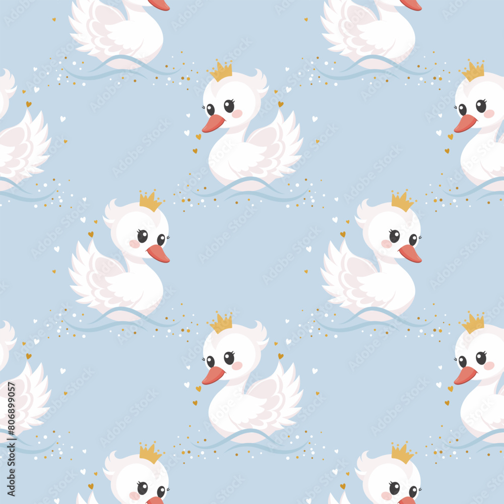 Seamless pattern, little swan princess with a golden crown on a pastel ...