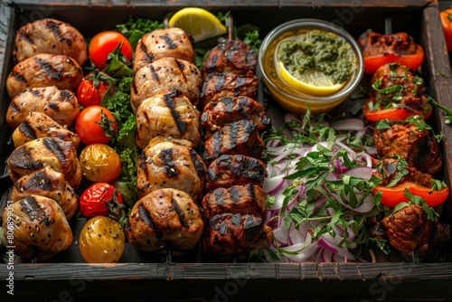 Wooden tray with assortment of grilled meats and veggies