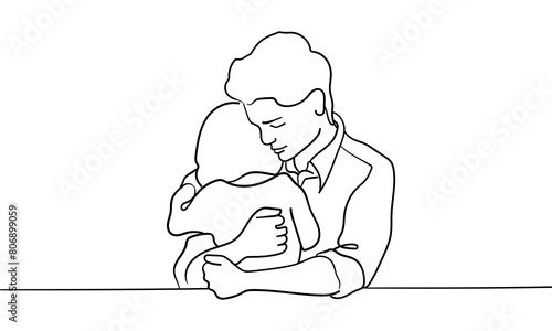 Man hugs daughter continuous line art drawing isolated on white background. Sadness, support, sympathy. Vector illustration