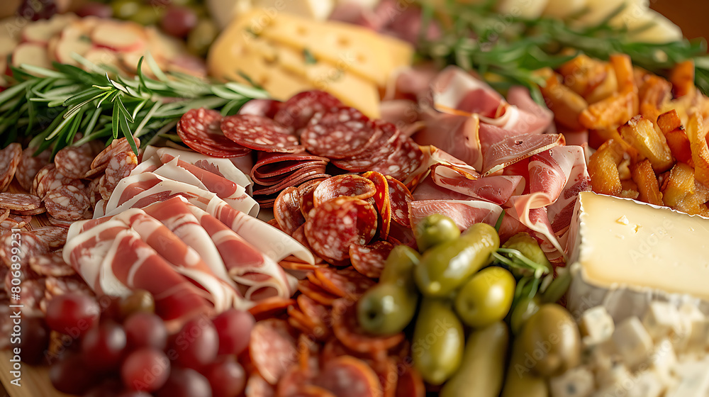 charcuterie, photo of meat platter with cheese, grape, nuts, olives, pickles and rosemary branches charcuterie, photo of meat platter with cheese, grape, nuts, olives, pickles and rosemary branches