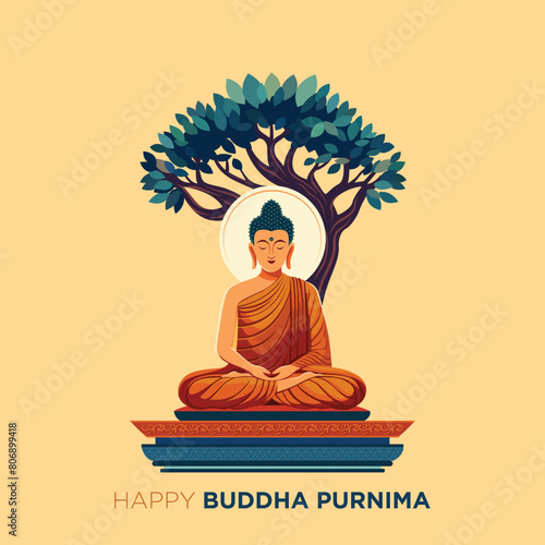 Illustration of buddha purnima. Buddha sitting under a bodhi tree Mountain temple background. Asadha purnima, buddha purnima.	
 photo