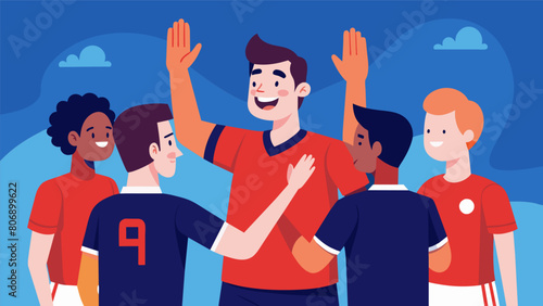 A team captain giving highfives and words of encouragement to his teammates during a tense moment in the championship game.. Vector illustration