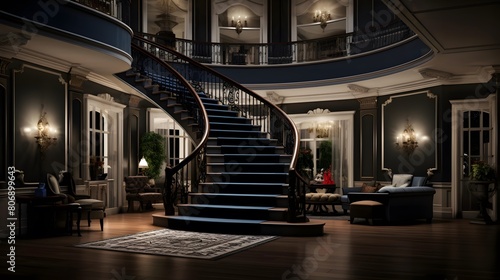 Interior of a luxury hotel with a stairway. 3d rendering