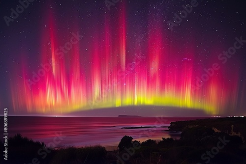 Breathtaking spectacle of the Southern Lights illuminates the night sky with vibrant hues of green, purple, and red. photo