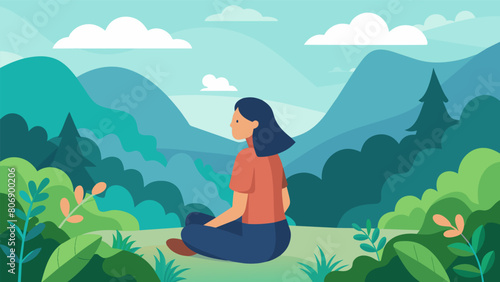 A woman sitting on a mountaintop surrounded by lush greenery her gaze turned inward as she finds stillness and tranquility within herself..