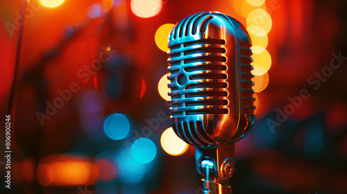 Close-up view of a vintage microphone with vibrant background lights in a bokeh effect.