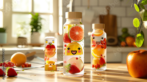 A charming fruit infuser water bottle with playful prints and a cheerful face, infusing water with fruit flavors and joy. photo