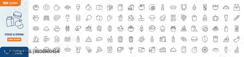 food and drink line editable icon set. Contains icon  related to various foods and drinks. Editable stroke. Vector illustration	