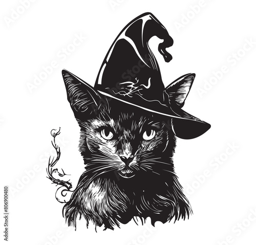 Black cat with pointy witch hat line art and dot work.