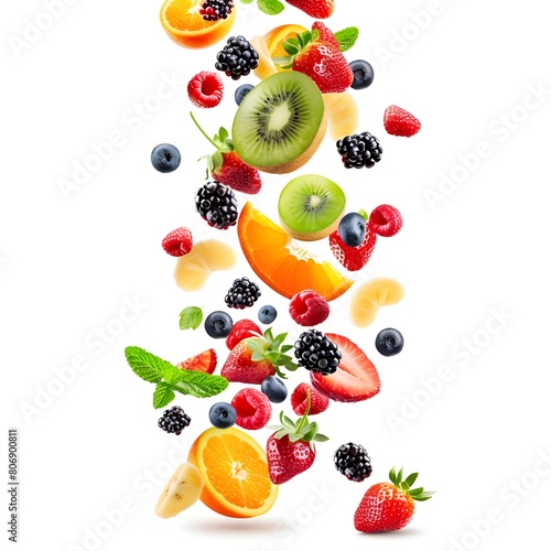 fruits and berries Falling fruit salad isolated on white background with unique style