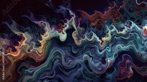An intricate abstract 3D wavy scene adorned with elaborate multicolor oil painting patterns blending seamlessly into a dark canvas photo